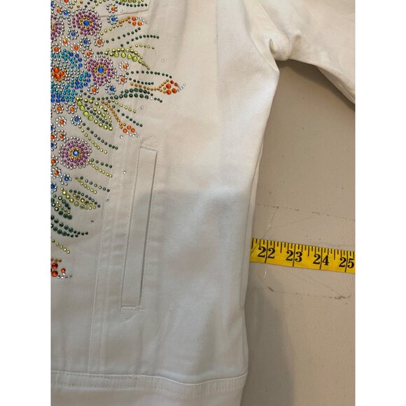 Las Olas White Denim Jacket Large Floral Rhinestone Embellished - Picture 10 of 11